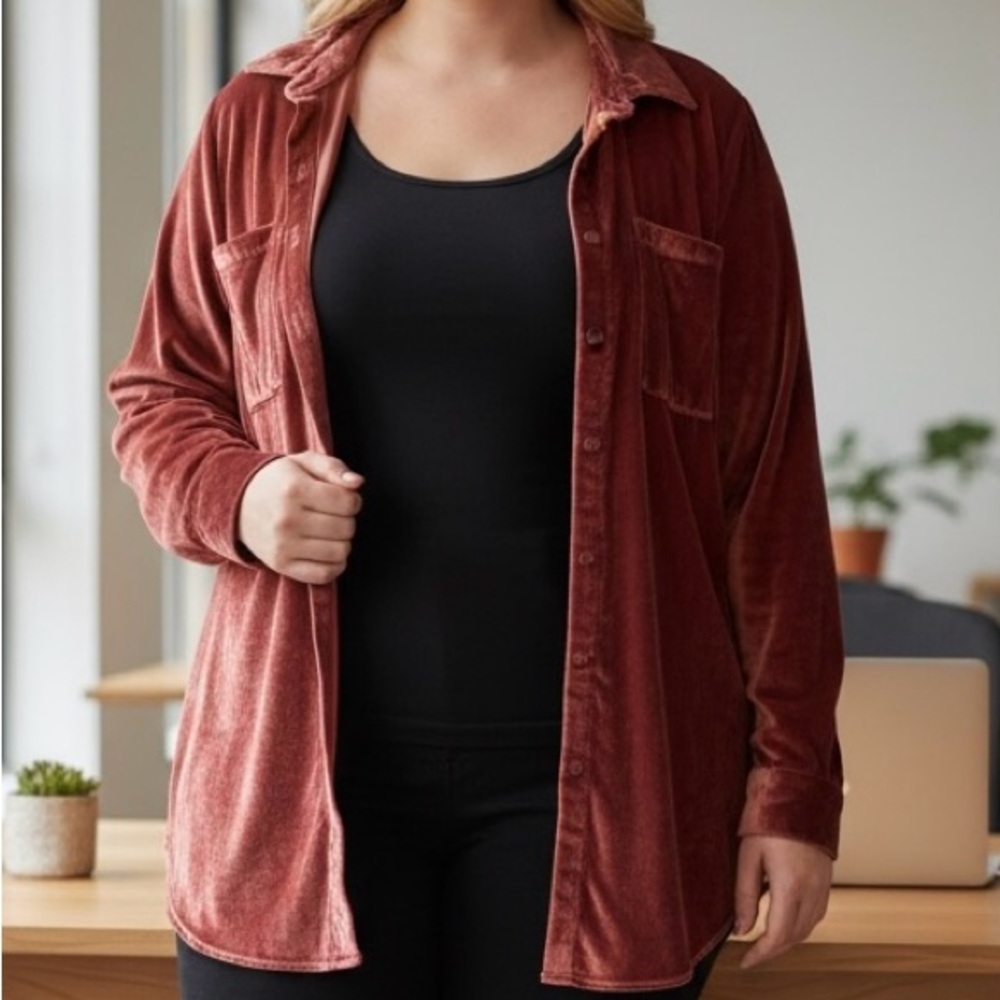 NWOT Torrid Rust Velvet Button Up Shirt | Size 2X (18/20) Luxe Vibes